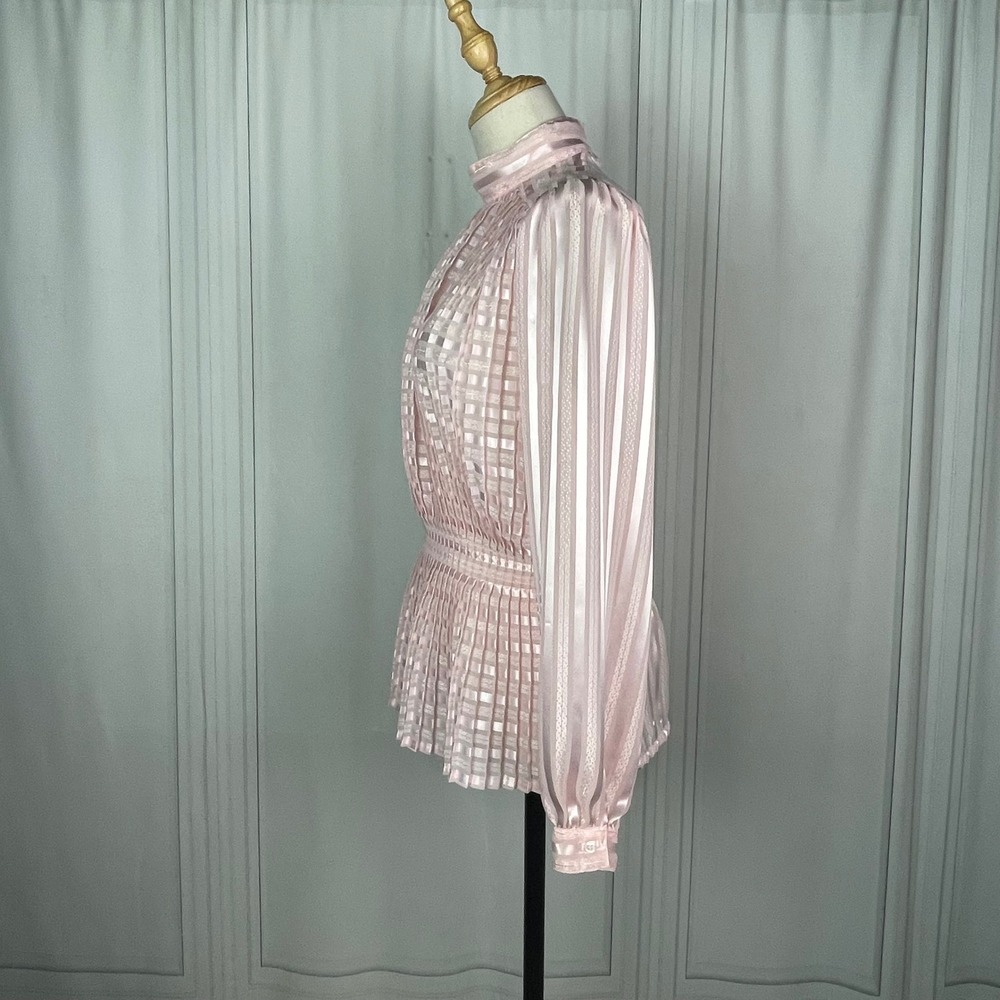 Vintage Nicola - Pink Striped Mock Neck Peplum Top Back Button Blouse - Size 4 - Picture 11 of 16
